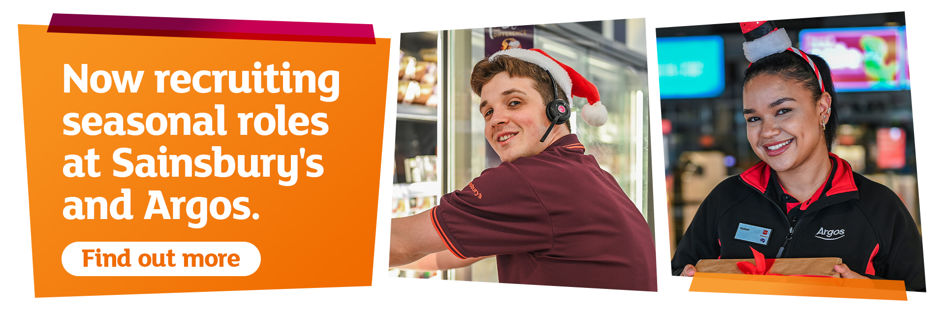 Two smiling employees wearing festive accessories. The banner reads: Our seasonal roles open from 6 October. Find out more (click for redirection)